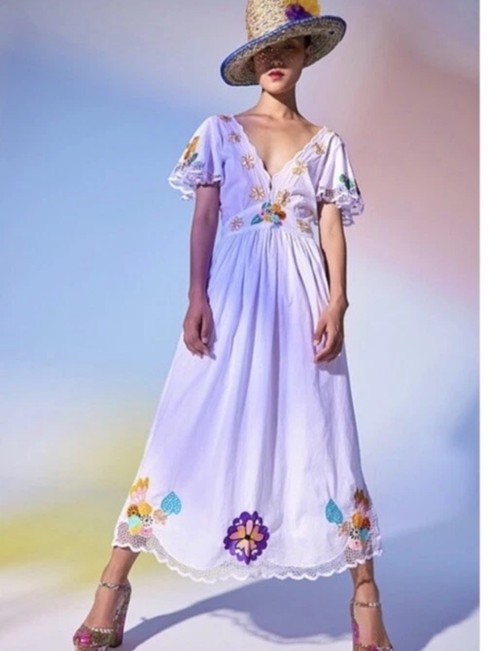 NWT Celia B size M Bali White Embroidered V-Neck Maxi Dress